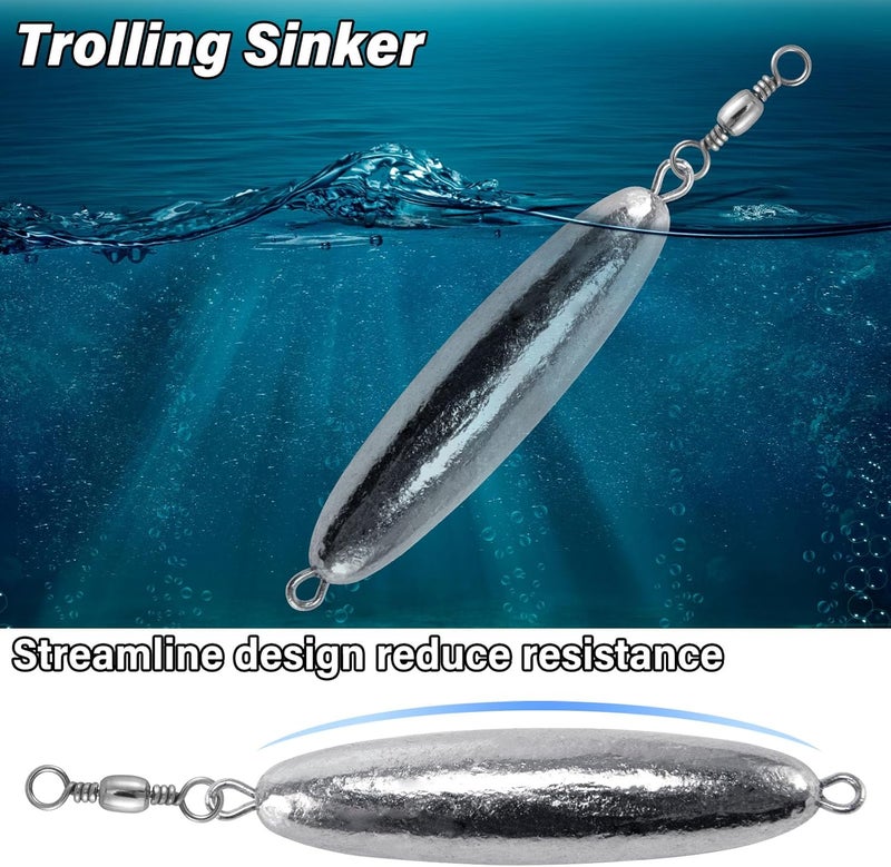 Dr.Fish 10 Pack in-line Trolling Sinkers with Swivel Torpedo Weight Lead Fishing Sinkers Double Ring Saltwater Freshwater Salmon Walleye Trolling - Image 3